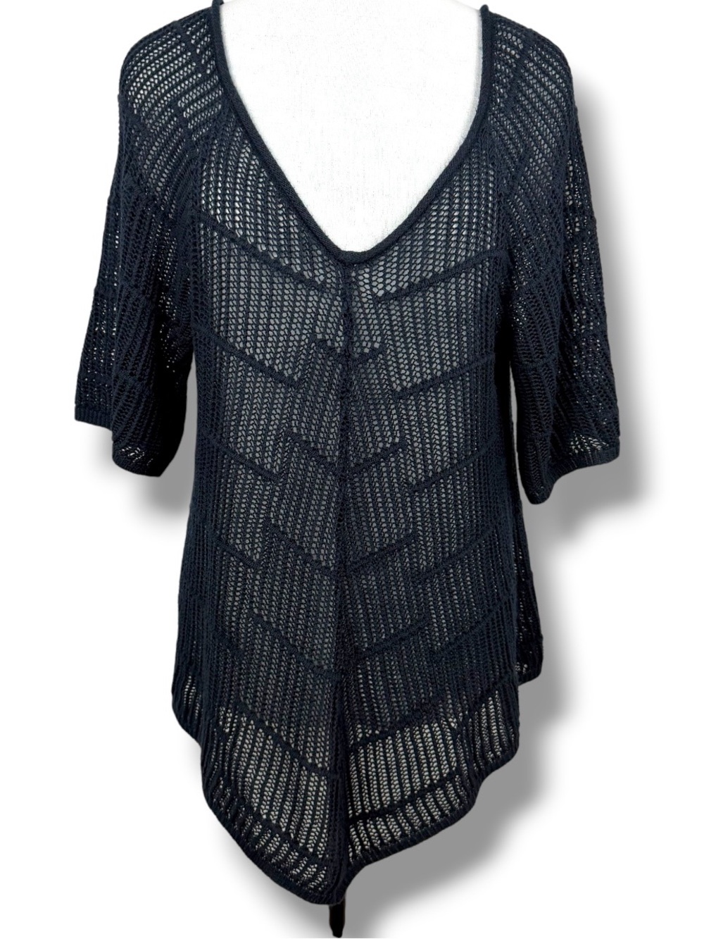 New Directions‎ Navy Open Knit Crochet V-Neck Top Sz L